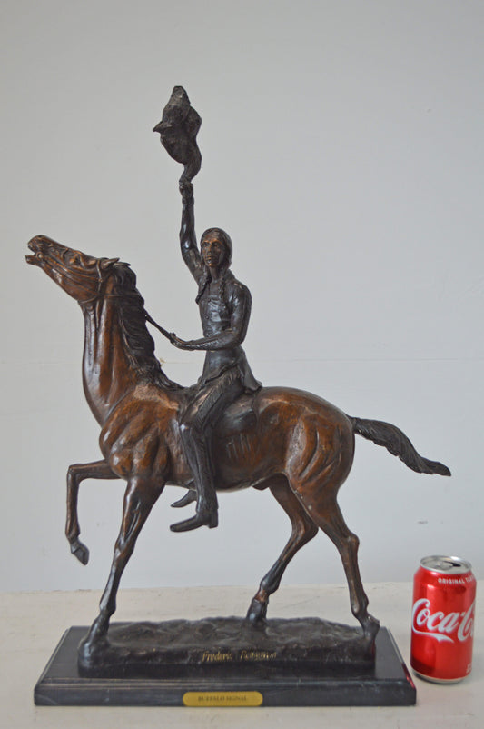 Buffalo Signal, a Frederic Remington Replica Bronze Statue - 19" x 6" x 25"H