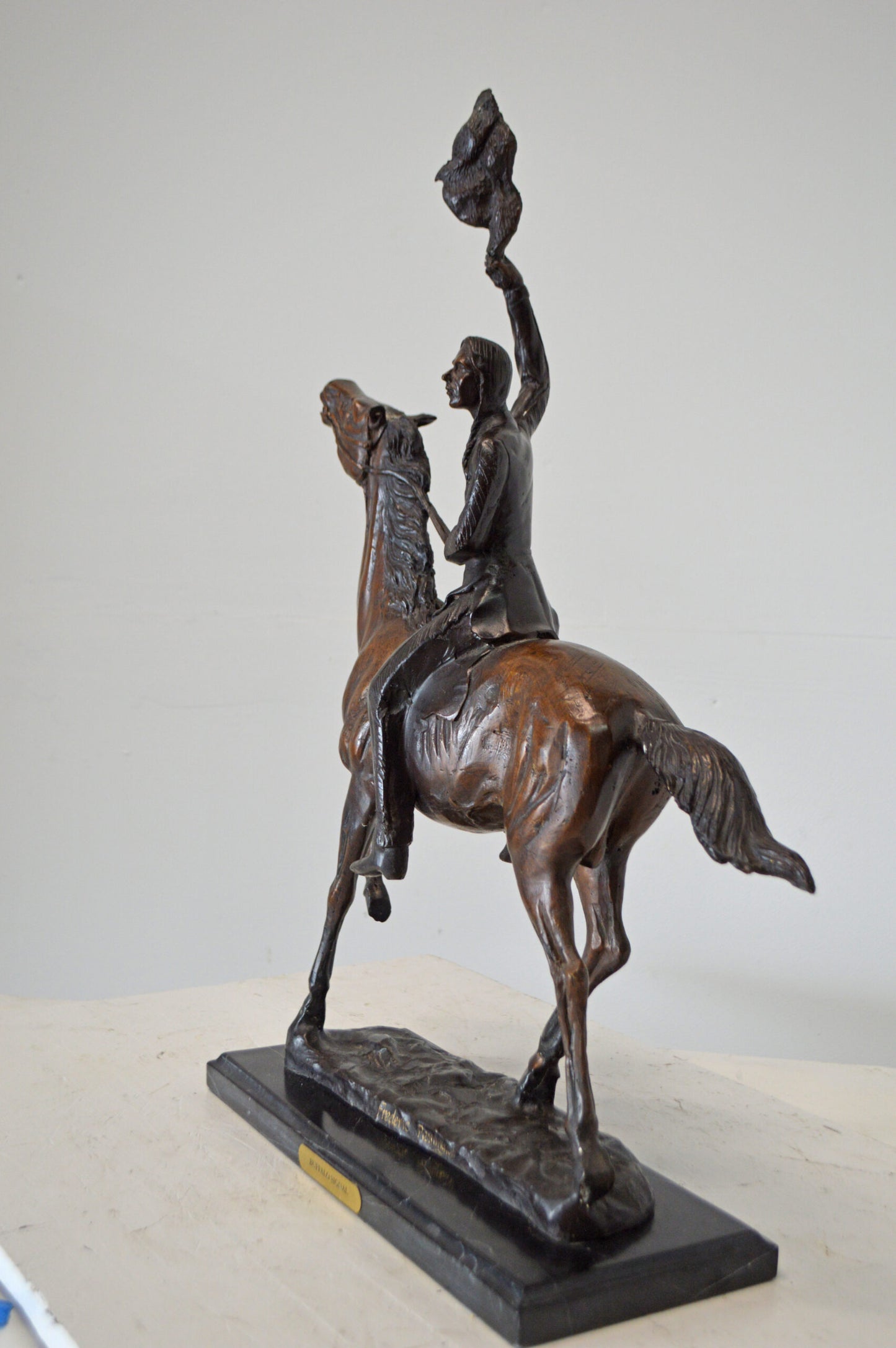 Buffalo Signal, a Frederic Remington Replica Bronze Statue - 19" x 6" x 25"H