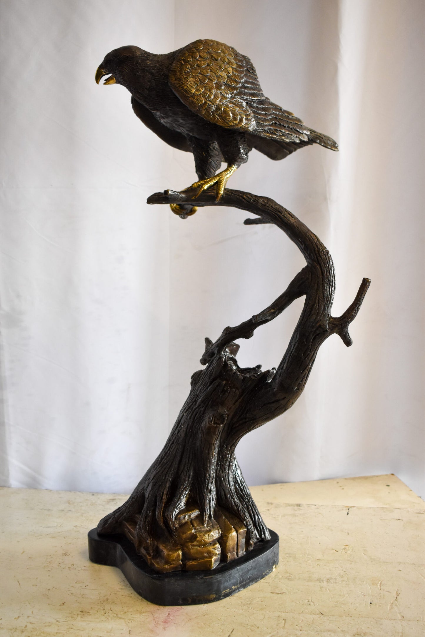 Observant Hawk on Arched Branch Bronze Statue 17" x 19" x 32"H