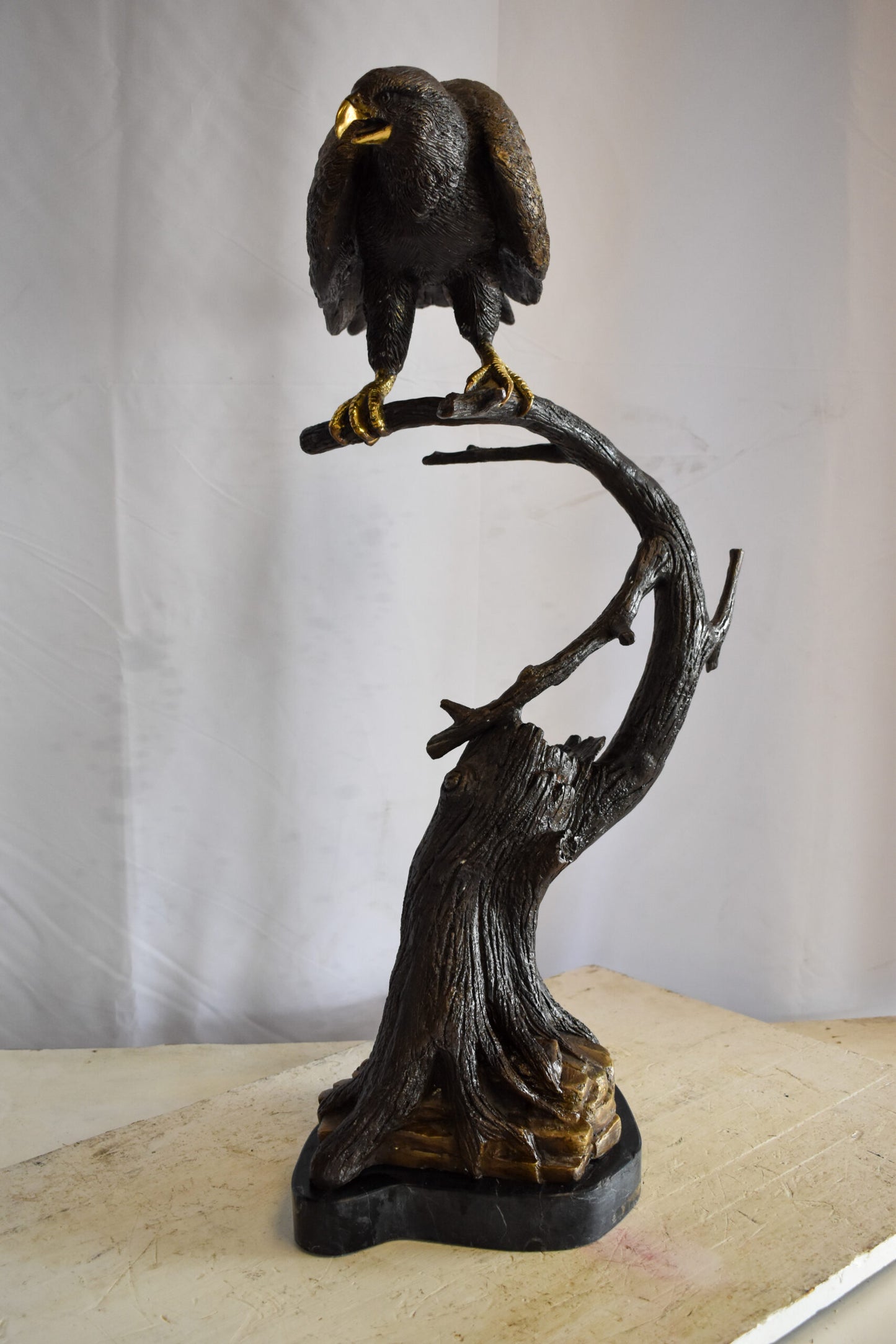 Observant Hawk on Arched Branch Bronze Statue 17" x 19" x 32"H