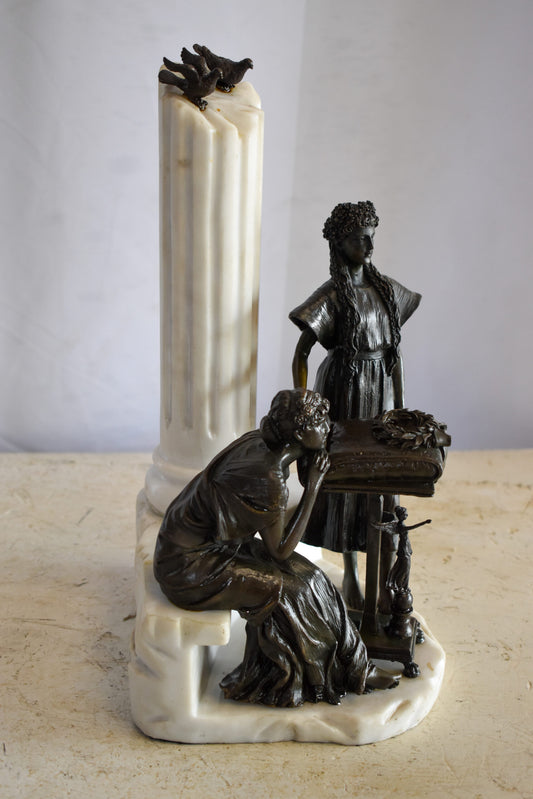 Two Pensive Goddesses by Marbe Pillar Bronze Statue 8" x 8" x 13"H