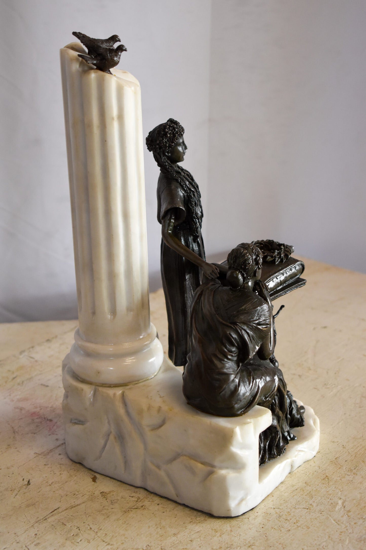 Two Pensive Goddesses by Marbe Pillar Bronze Statue 8" x 8" x 13"H