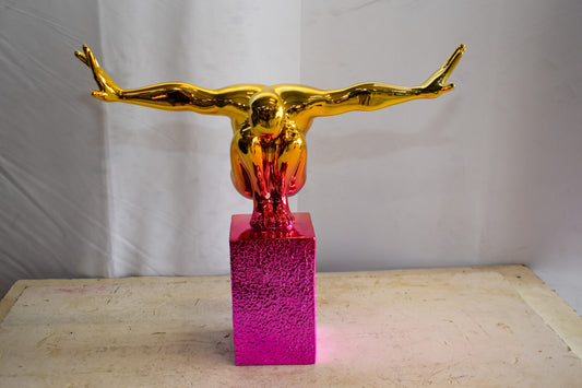 Olympian Stanced Man on Patterned Pink Chrome Base Resin Statue 20" x 8" x 17"H