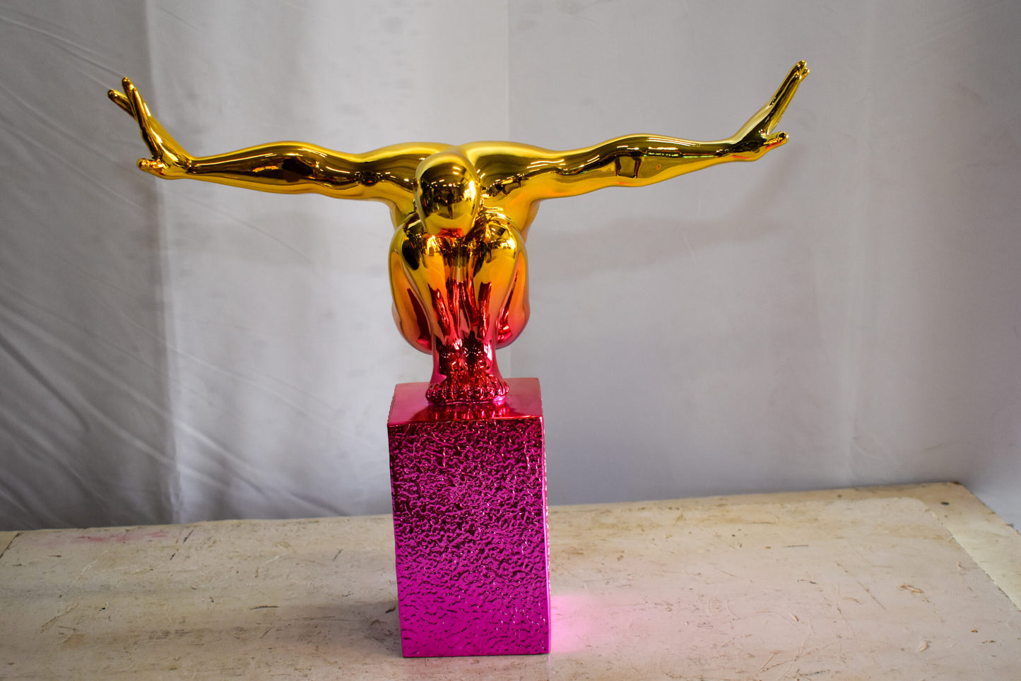 Olympian Stanced Man on Patterned Pink Chrome Base Resin Statue 20" x 8" x 17"H