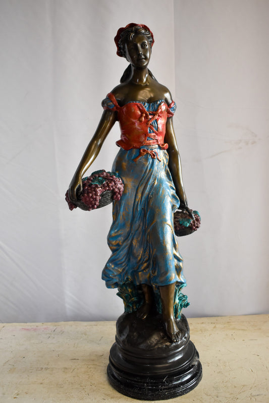 Tranquil Woman Strolling With Fruit Baskets Bronze Statue 13" x 10" x 30"H