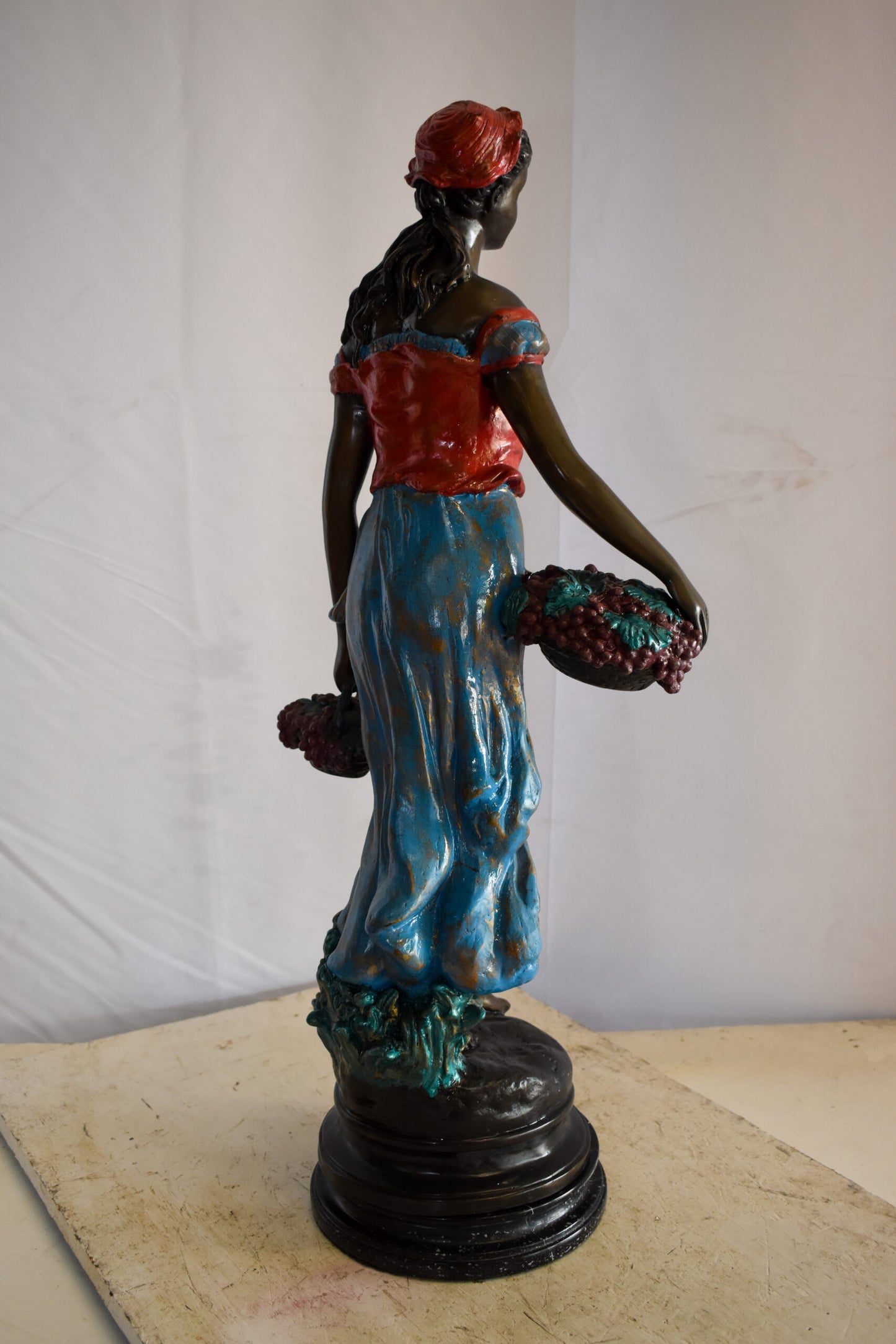Tranquil Woman Strolling With Fruit Baskets Bronze Statue 13" x 10" x 30"H