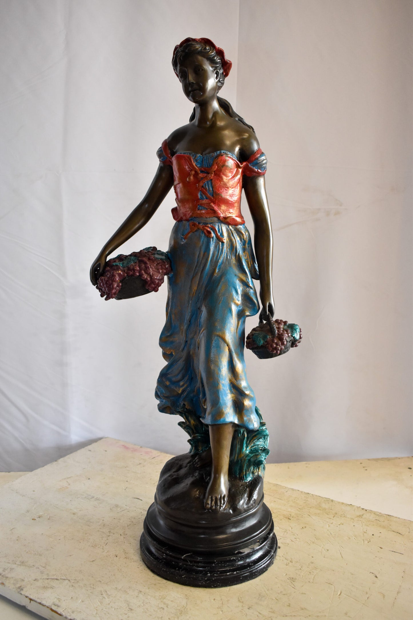 Tranquil Woman Strolling With Fruit Baskets Bronze Statue 13" x 10" x 30"H