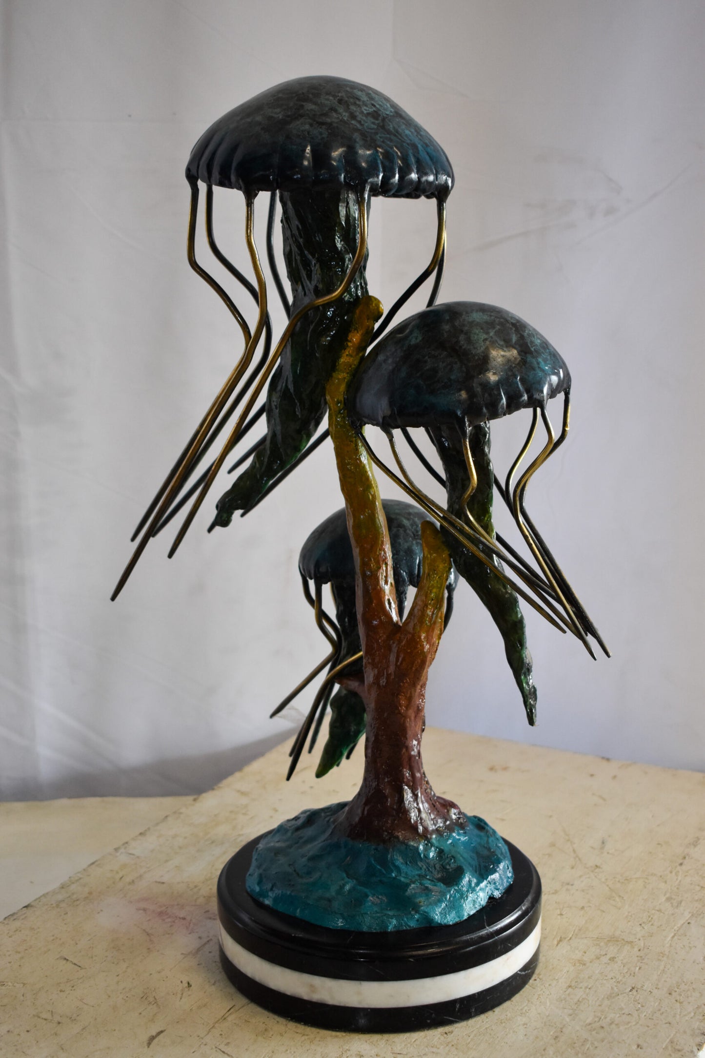 Three Wandering Jellyfish Bronze Statue on a Marble Base 17" x 11" x 24"H