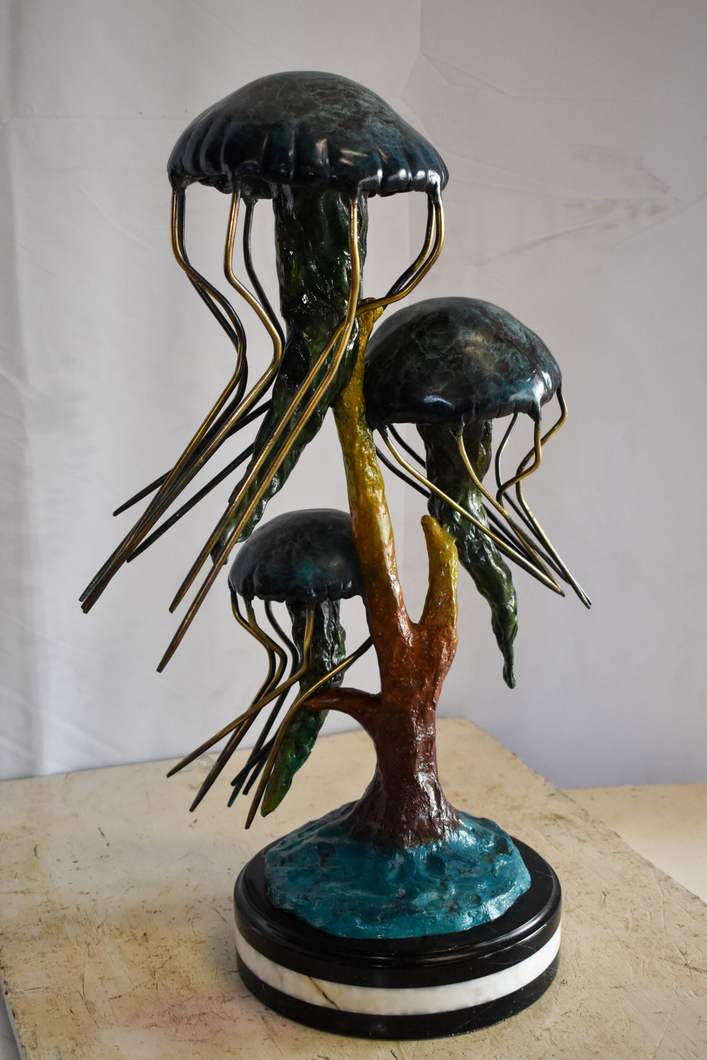 Three Wandering Jellyfish Bronze Statue on a Marble Base 17" x 11" x 24"H
