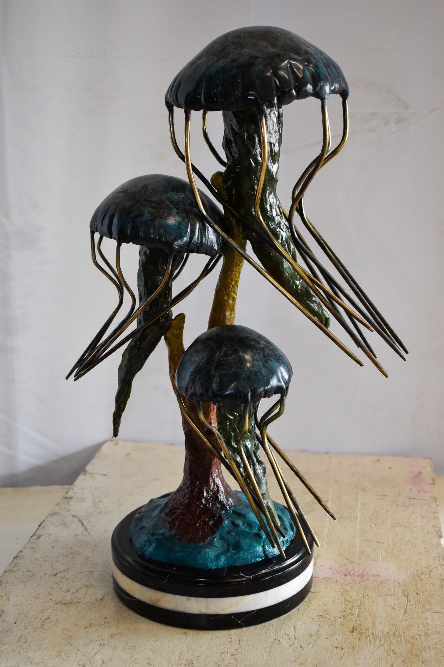 Three Wandering Jellyfish Bronze Statue on a Marble Base 17" x 11" x 24"H