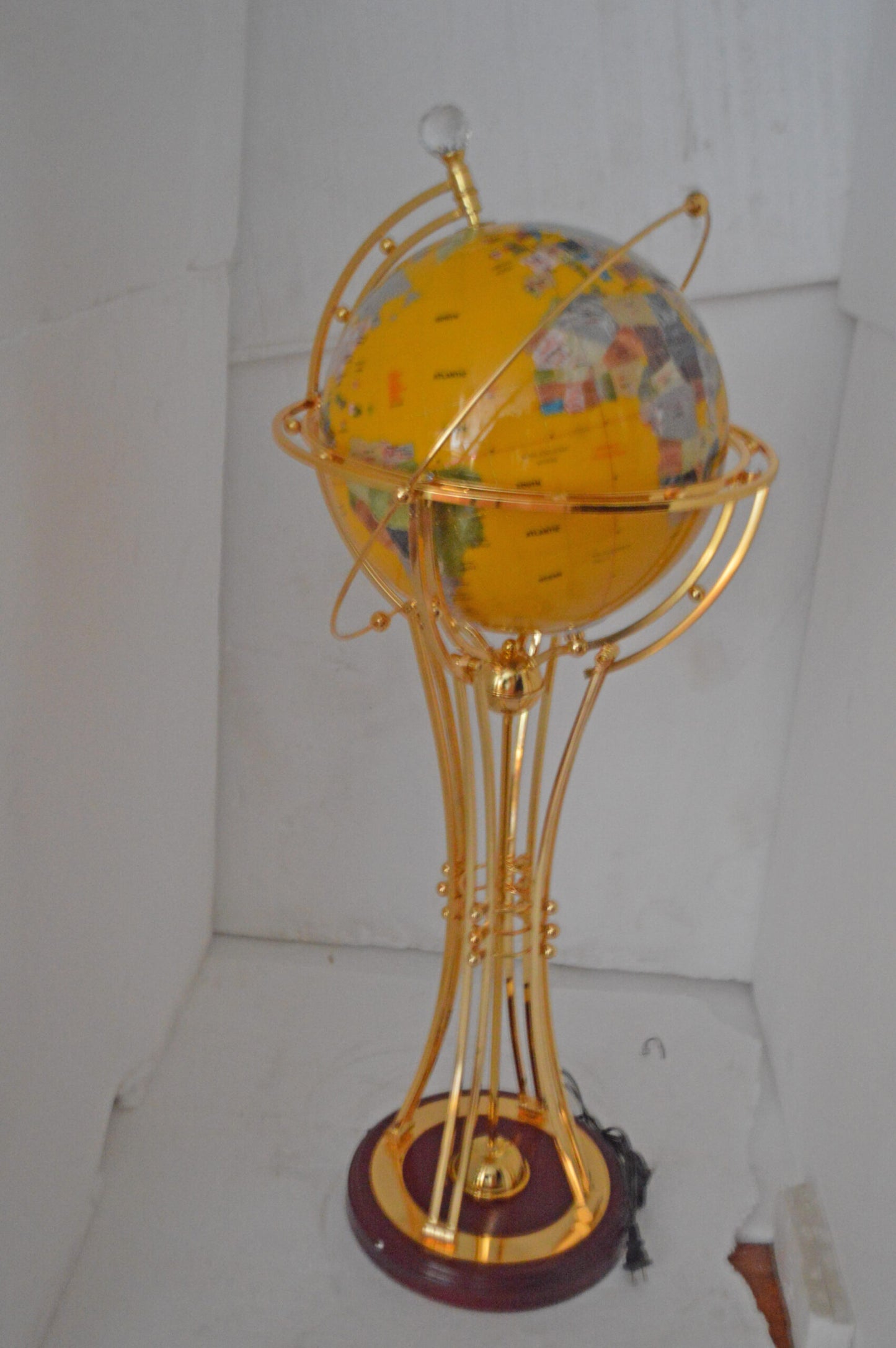 Illuminated Yellow Gold World Globe Rotated by a Motor - Size: 19" x 19" x 42"H