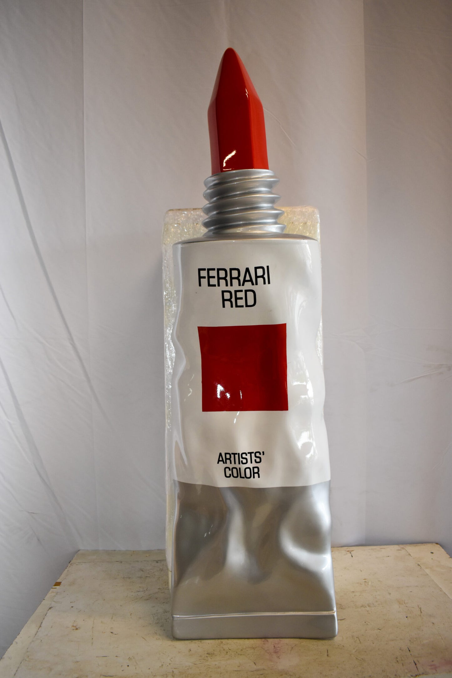 Oversized Wall Mounted Red Paint Tube Squezed Resin Statue 10" x 12" x 44"H