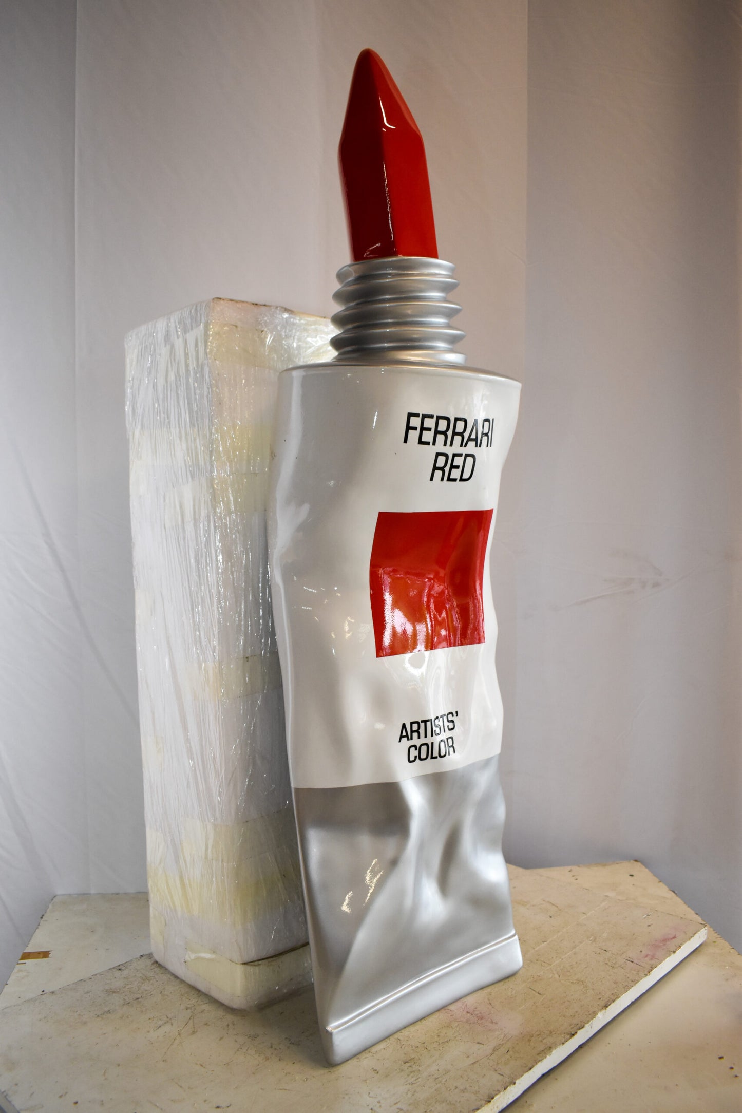 Oversized Wall Mounted Red Paint Tube Squezed Resin Statue 10" x 12" x 44"H