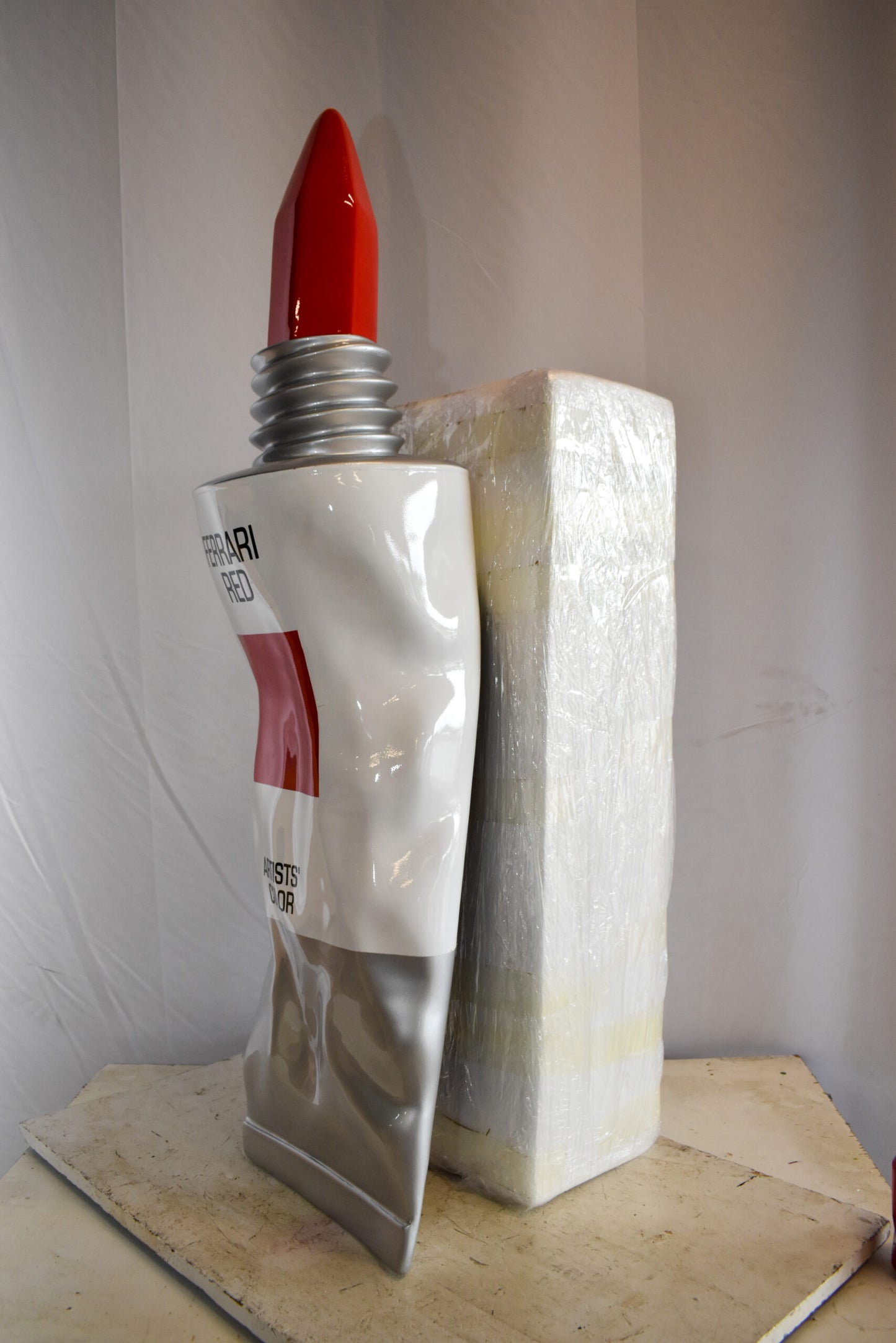 Oversized Wall Mounted Red Paint Tube Squezed Resin Statue 10" x 12" x 44"H