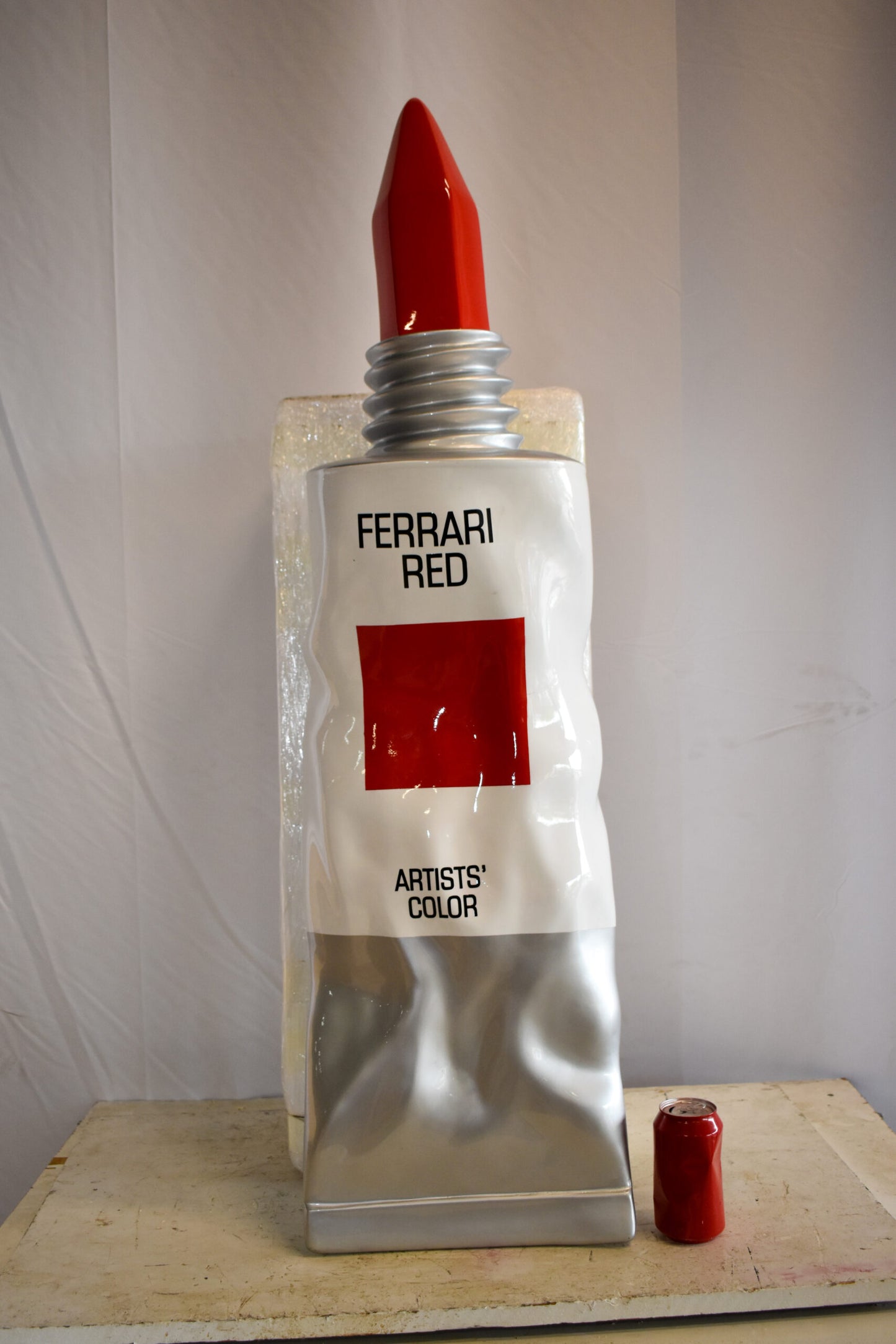 Oversized Wall Mounted Red Paint Tube Squezed Resin Statue 10" x 12" x 44"H