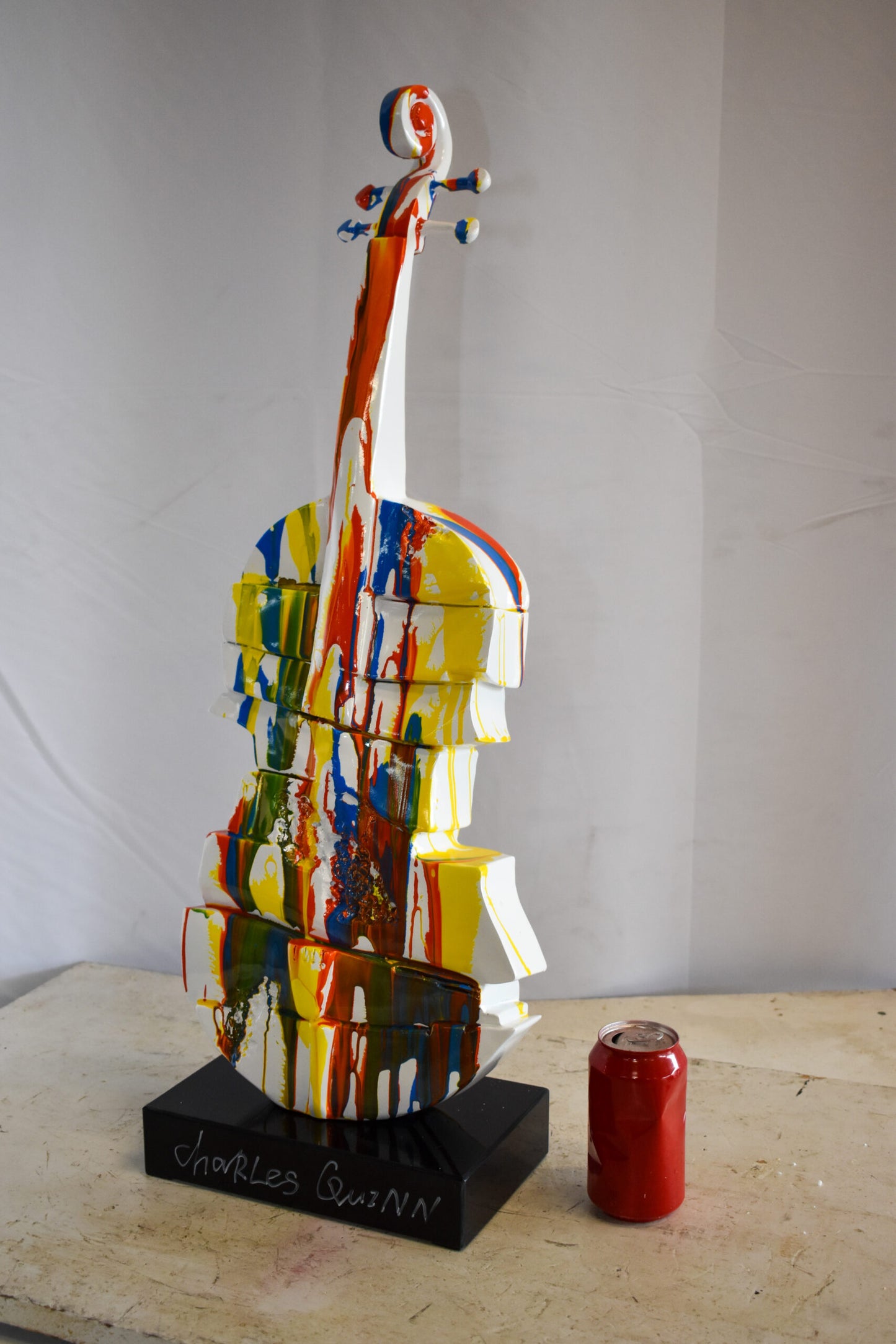 Artistic Graffiti Colored Cello on Black Base Resin Statue 10" x 12" x 30"H