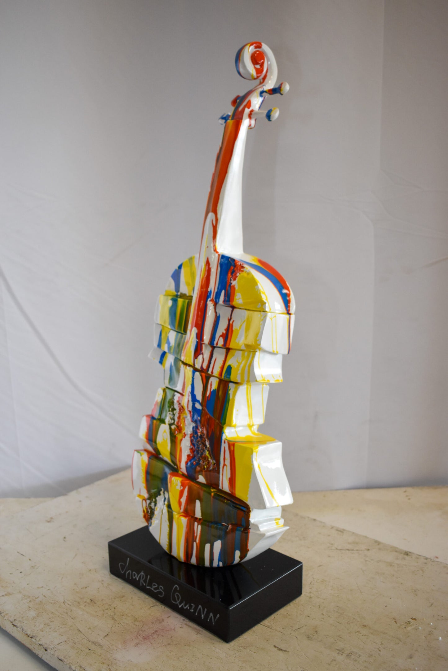 Artistic Graffiti Colored Cello on Black Base Resin Statue 10" x 12" x 30"H