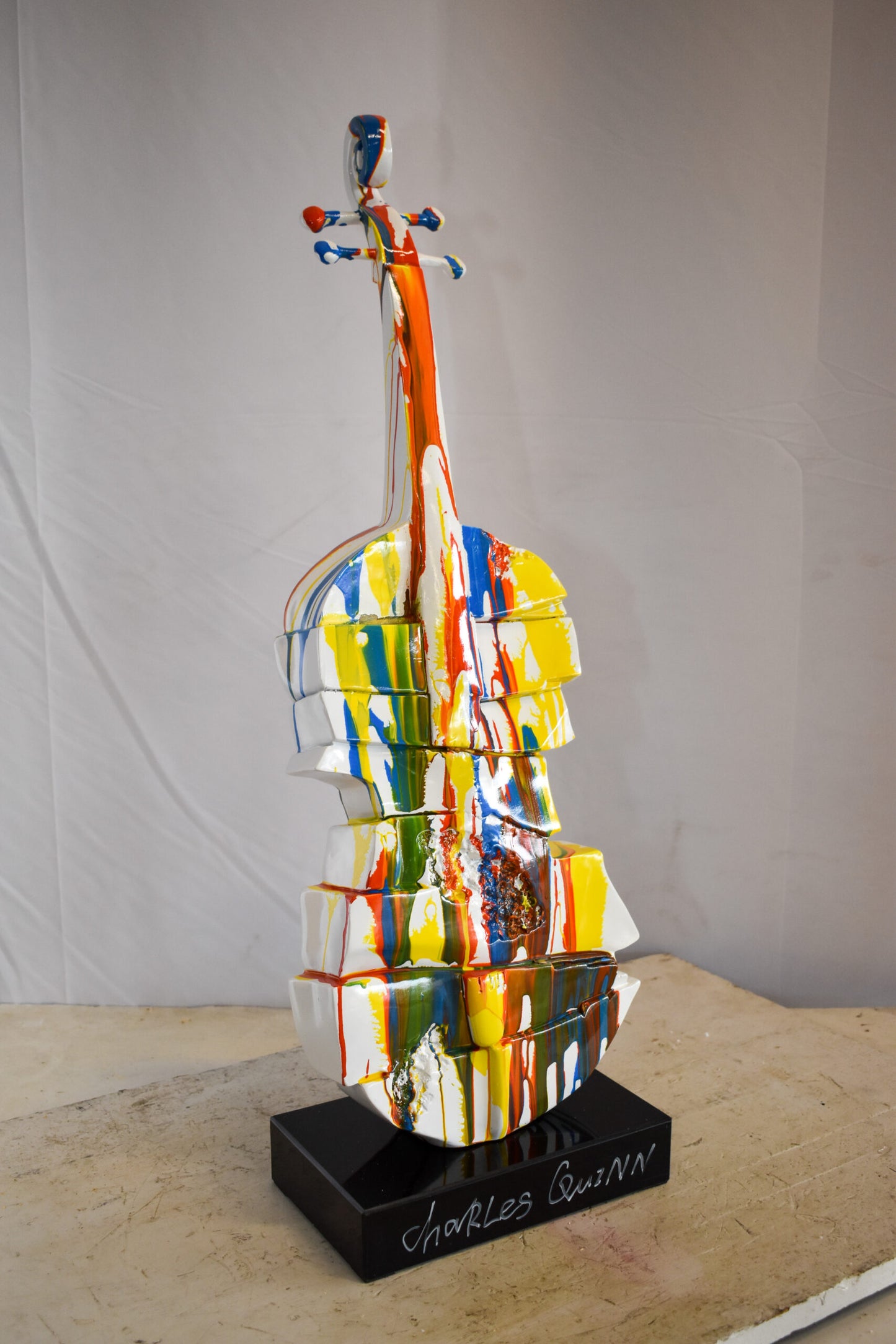 Artistic Graffiti Colored Cello on Black Base Resin Statue 10" x 12" x 30"H