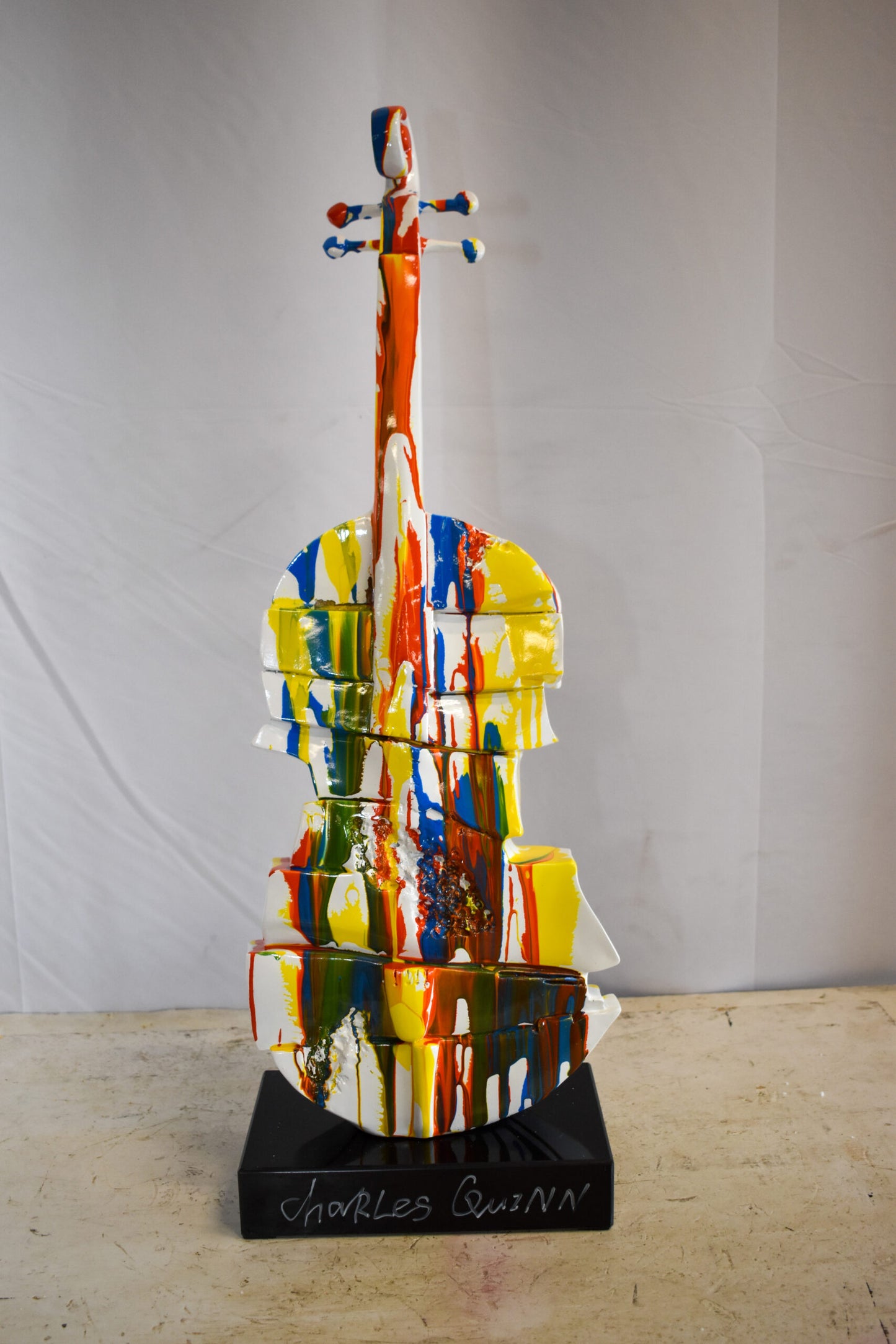 Artistic Graffiti Colored Cello on Black Base Resin Statue 10" x 12" x 30"H