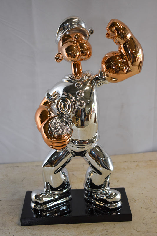 Small Silver Chrome Popeye On Black Base Resin Statue 12" x 5" x 16"H