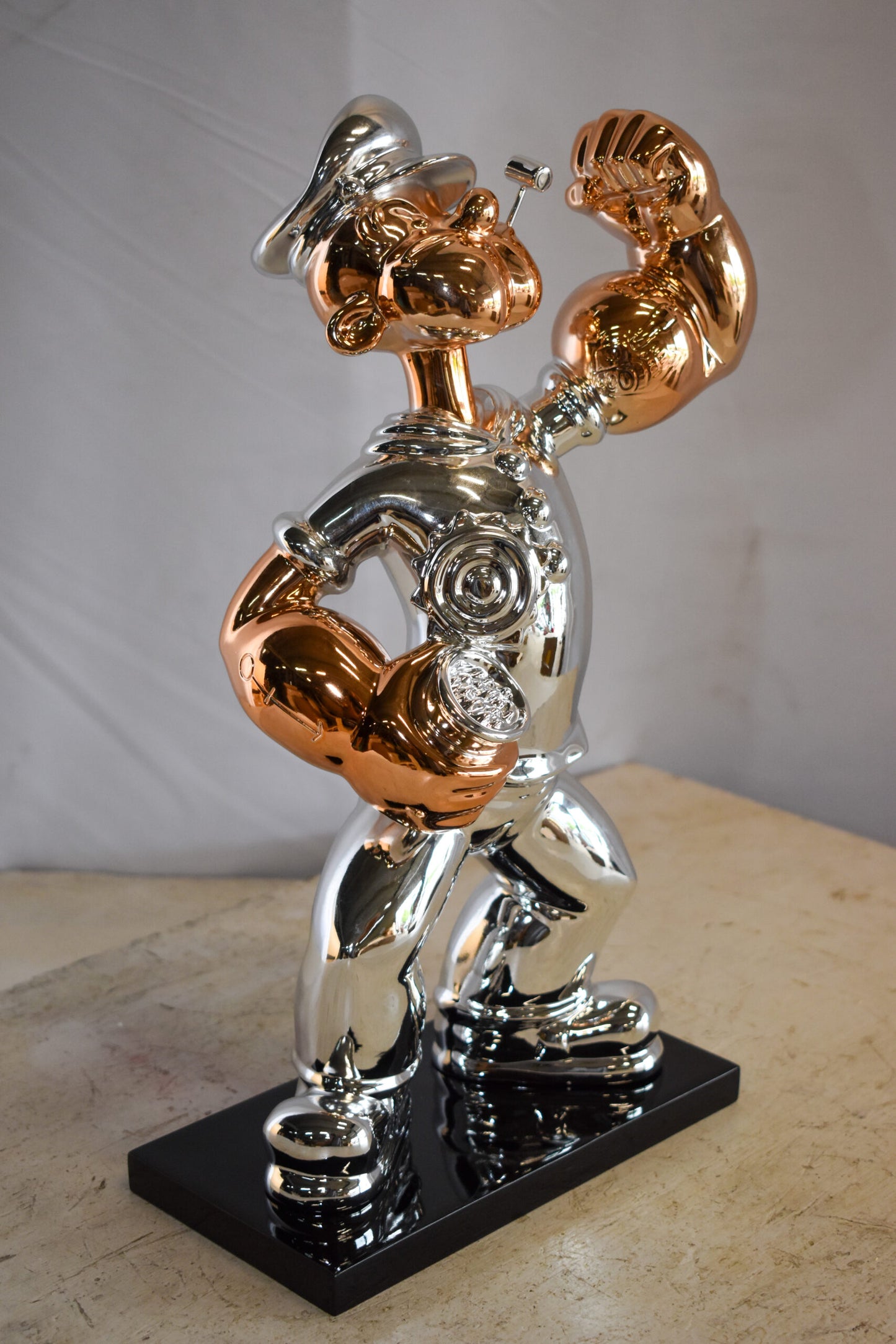 Small Silver Chrome Popeye On Black Base Resin Statue 12" x 5" x 16"H