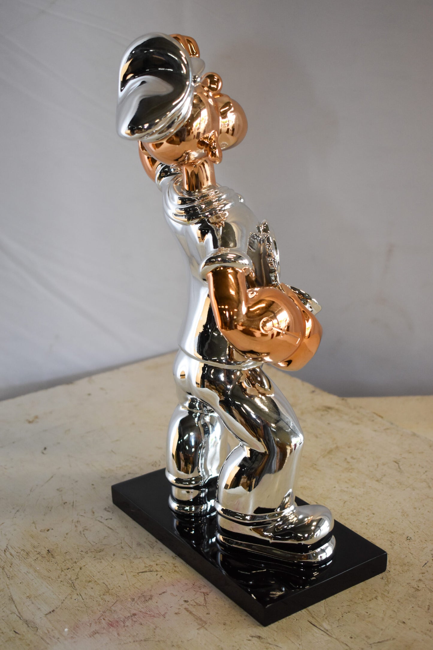 Small Silver Chrome Popeye On Black Base Resin Statue 12" x 5" x 16"H