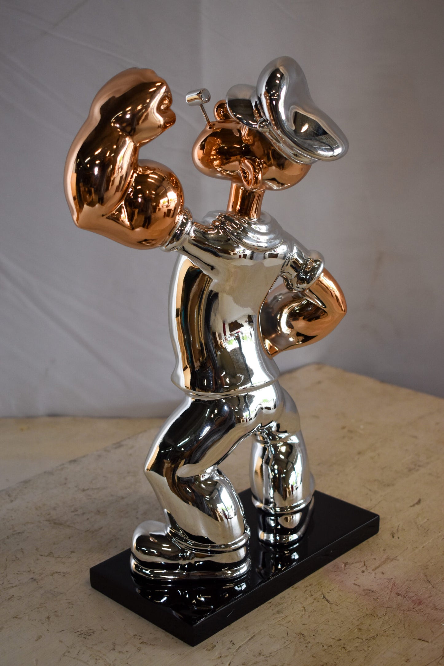 Small Silver Chrome Popeye On Black Base Resin Statue 12" x 5" x 16"H