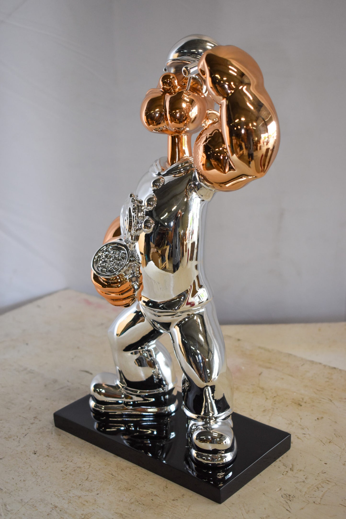 Small Silver Chrome Popeye On Black Base Resin Statue 12" x 5" x 16"H