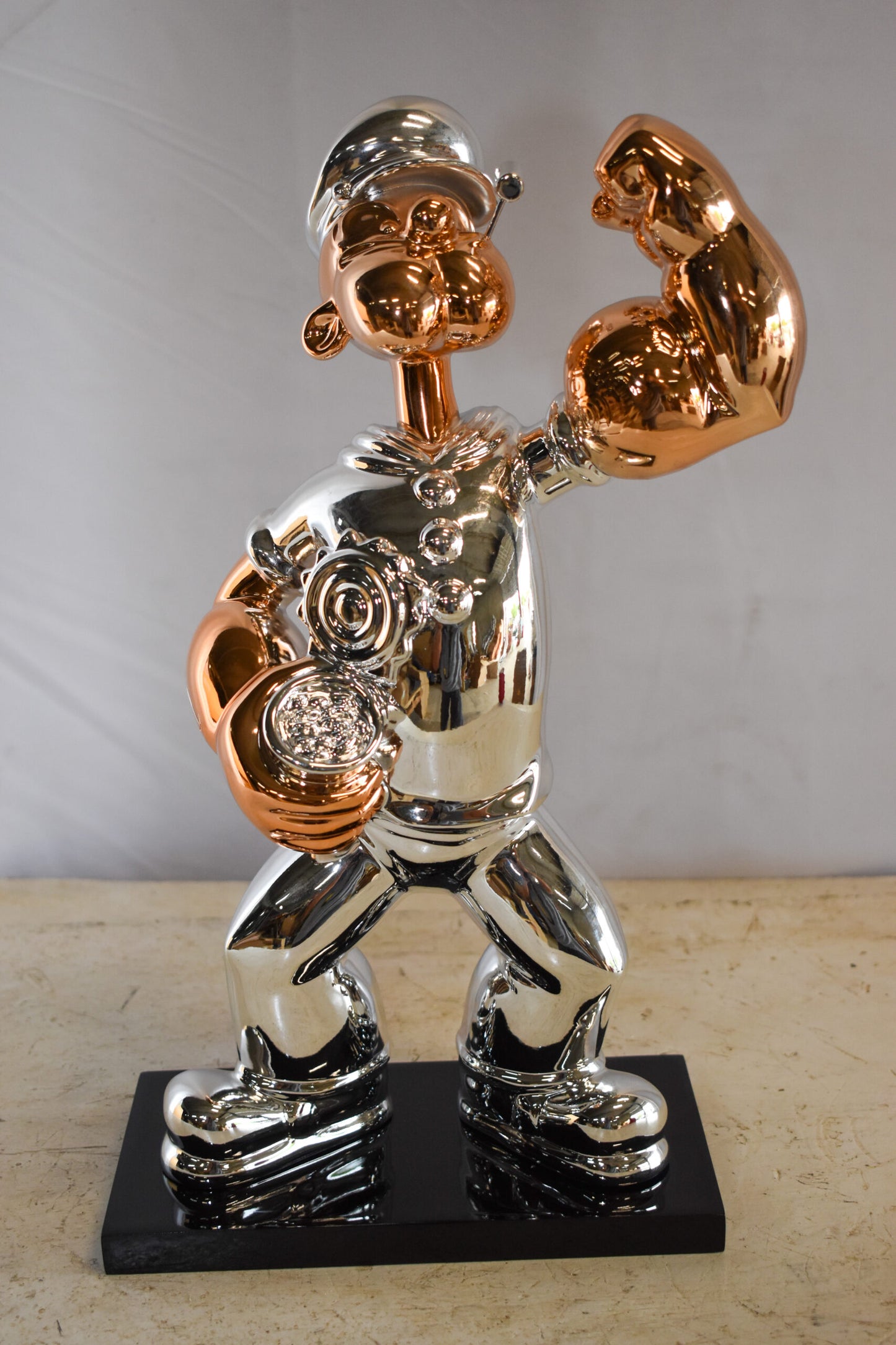 Small Silver Chrome Popeye On Black Base Resin Statue 12" x 5" x 16"H