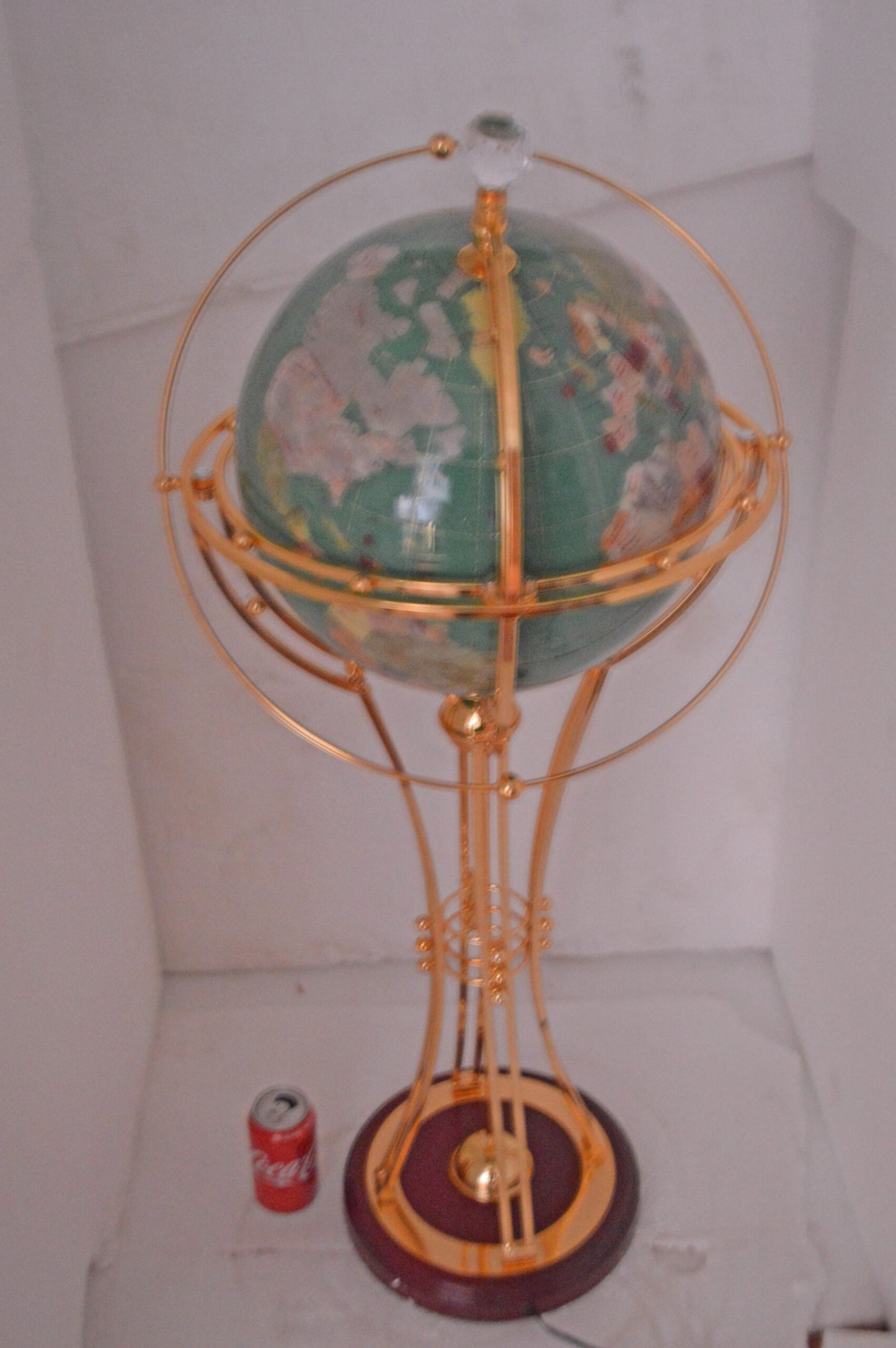 Illuminated Green - Gold World Globe Rotated by a motor - Size: 19" x 19" x 42"H