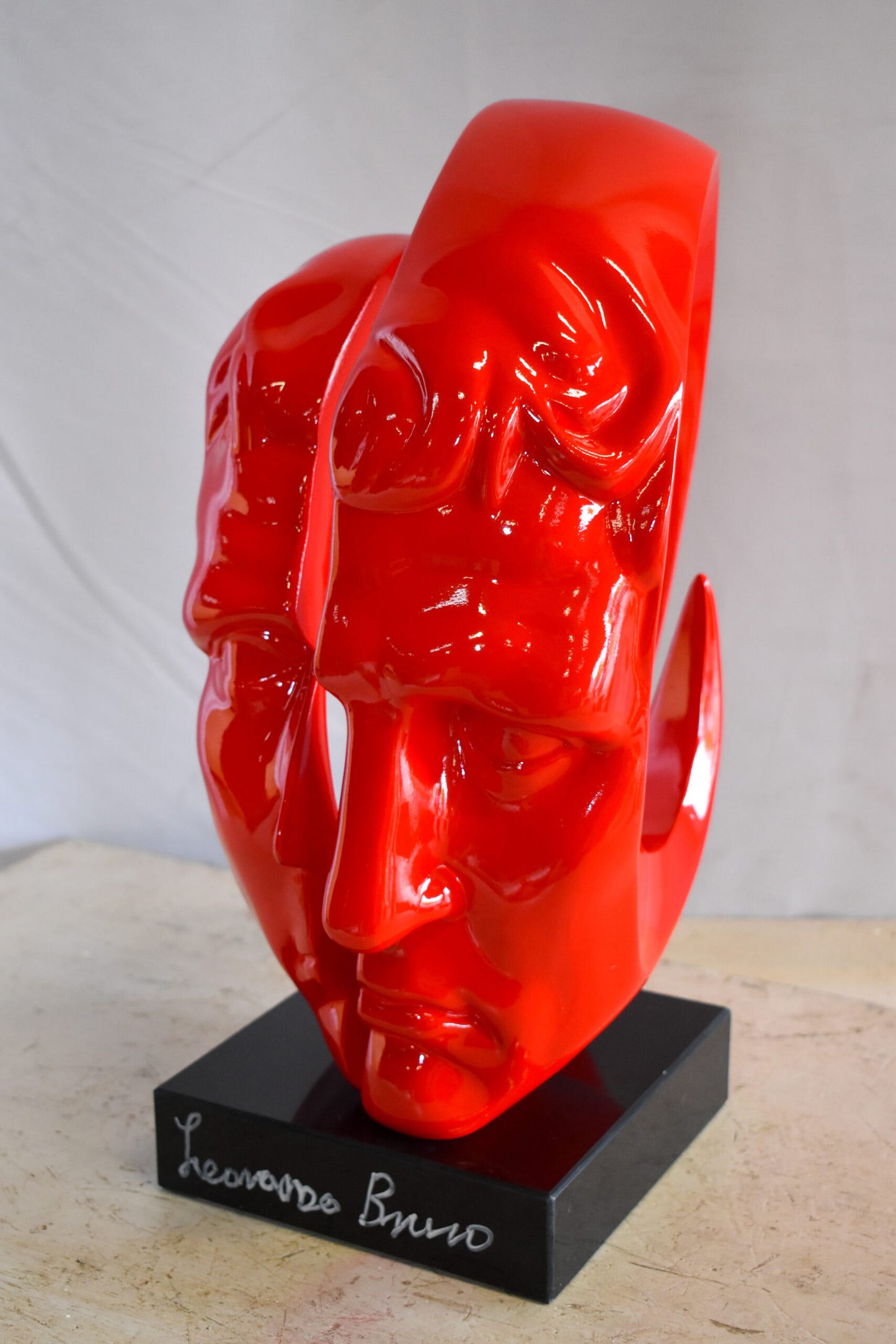 Creative Red MultiFace Statue on Base Signed by Leonardo Bruno 14" x 12" x 19"H