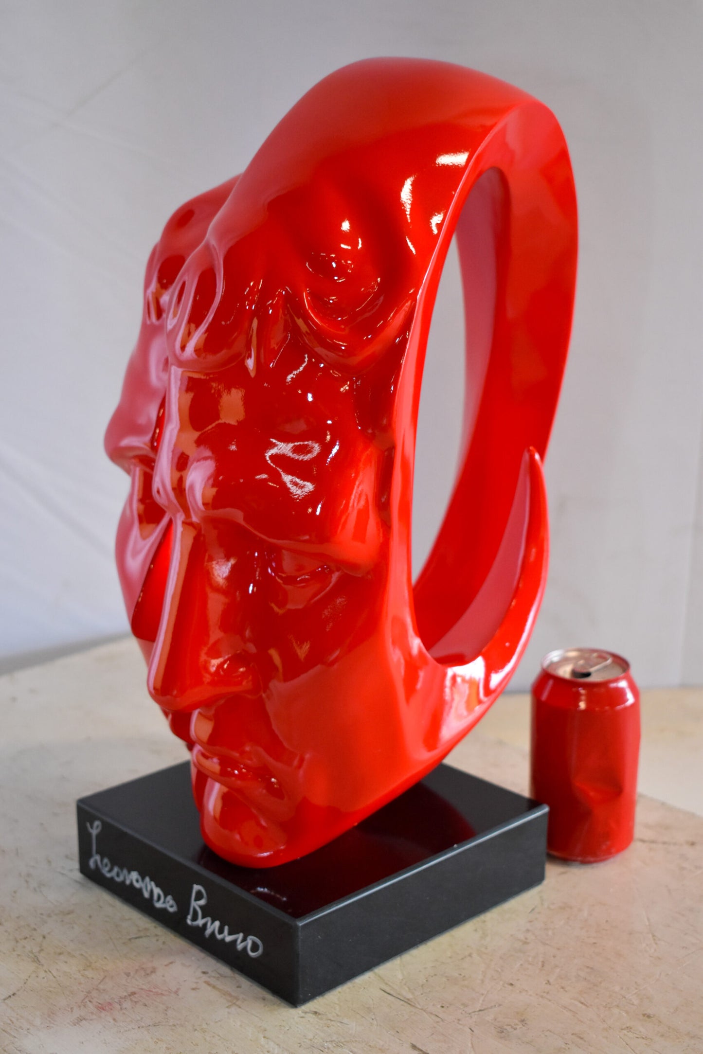 Creative Red MultiFace Statue on Base Signed by Leonardo Bruno 14" x 12" x 19"H