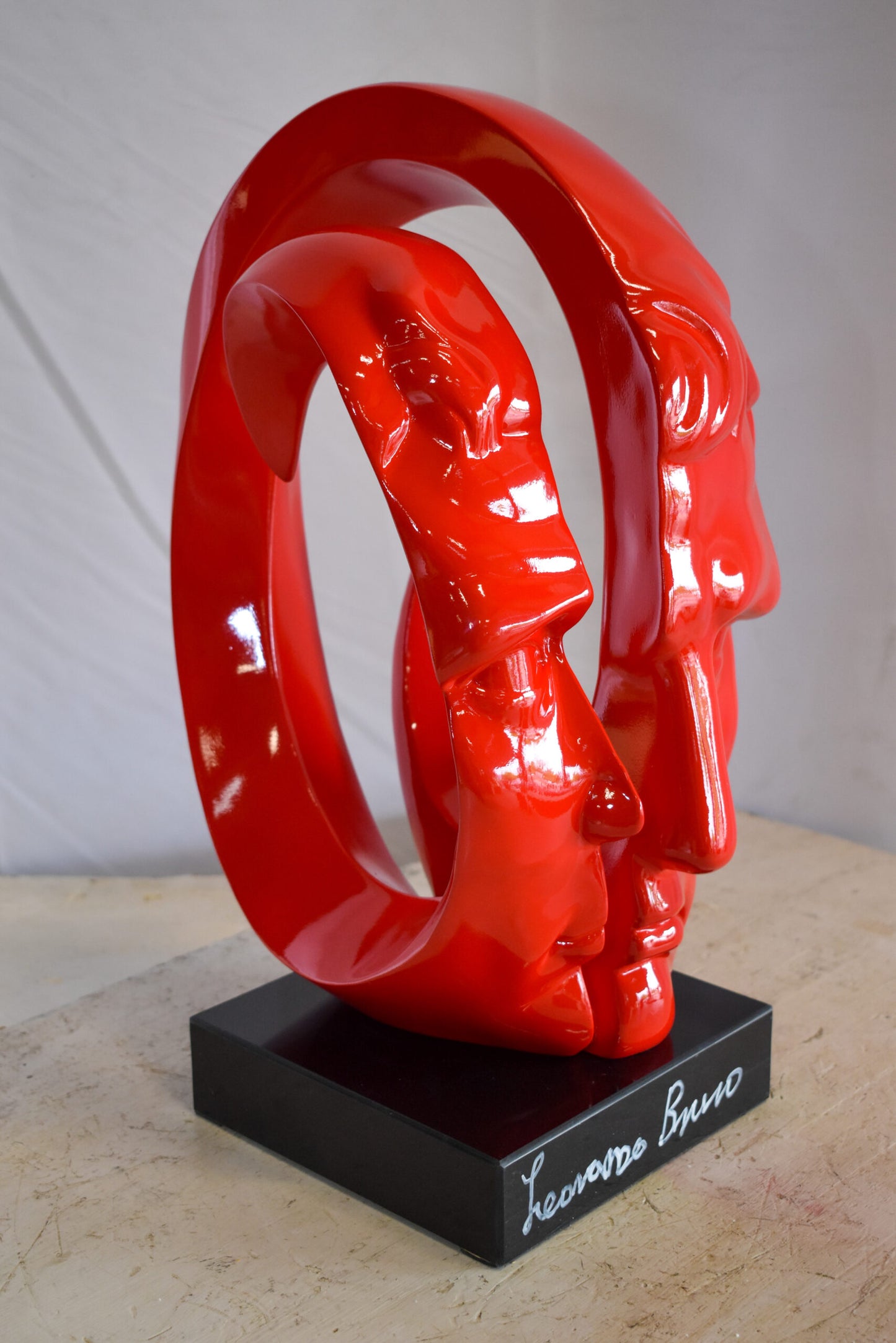 Creative Red MultiFace Statue on Base Signed by Leonardo Bruno 14" x 12" x 19"H