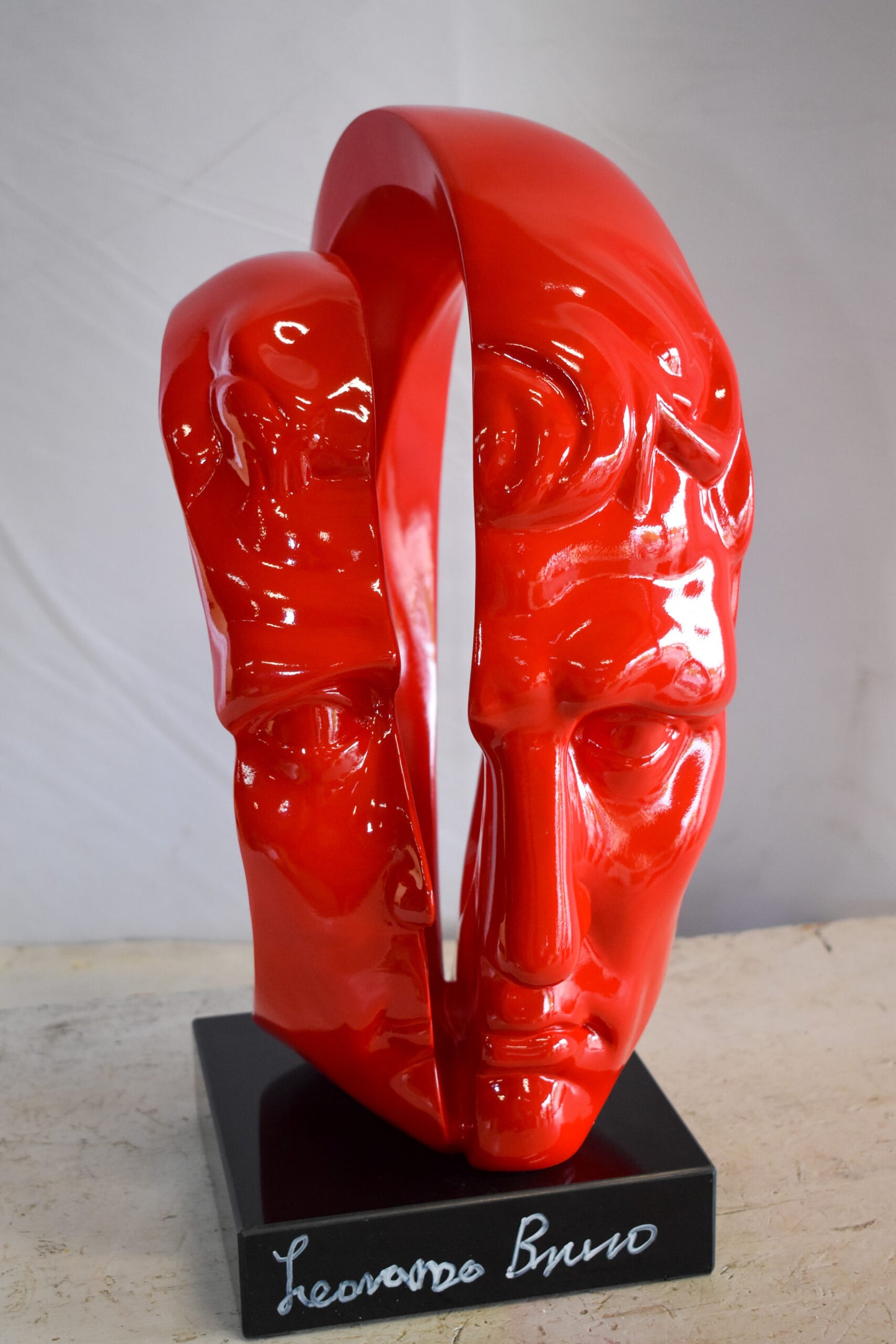 Creative Red MultiFace Statue on Base Signed by Leonardo Bruno 14" x 12" x 19"H