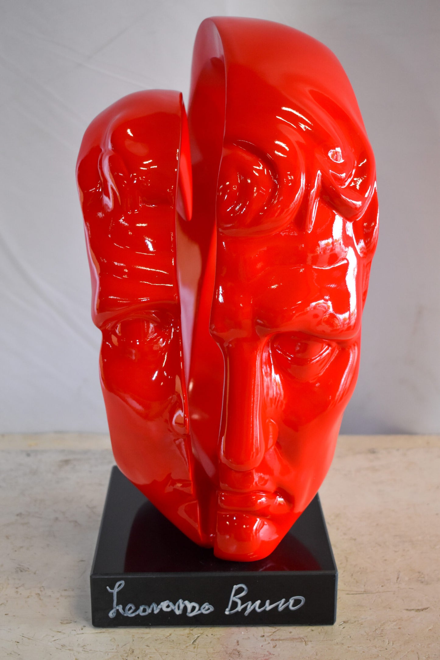 Creative Red MultiFace Statue on Base Signed by Leonardo Bruno 14" x 12" x 19"H