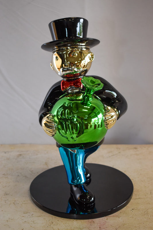 Walking Monopoly Man with Money Bag on Black Base Resin Statue 10" x 10" x 16"H