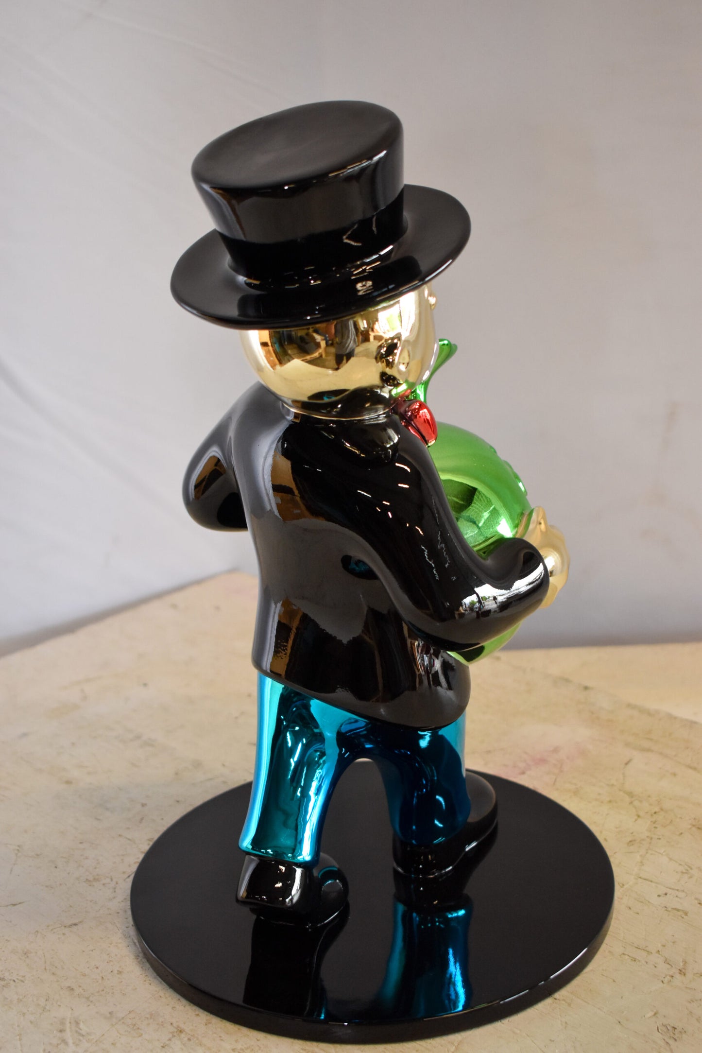 Walking Monopoly Man with Money Bag on Black Base Resin Statue 10" x 10" x 16"H