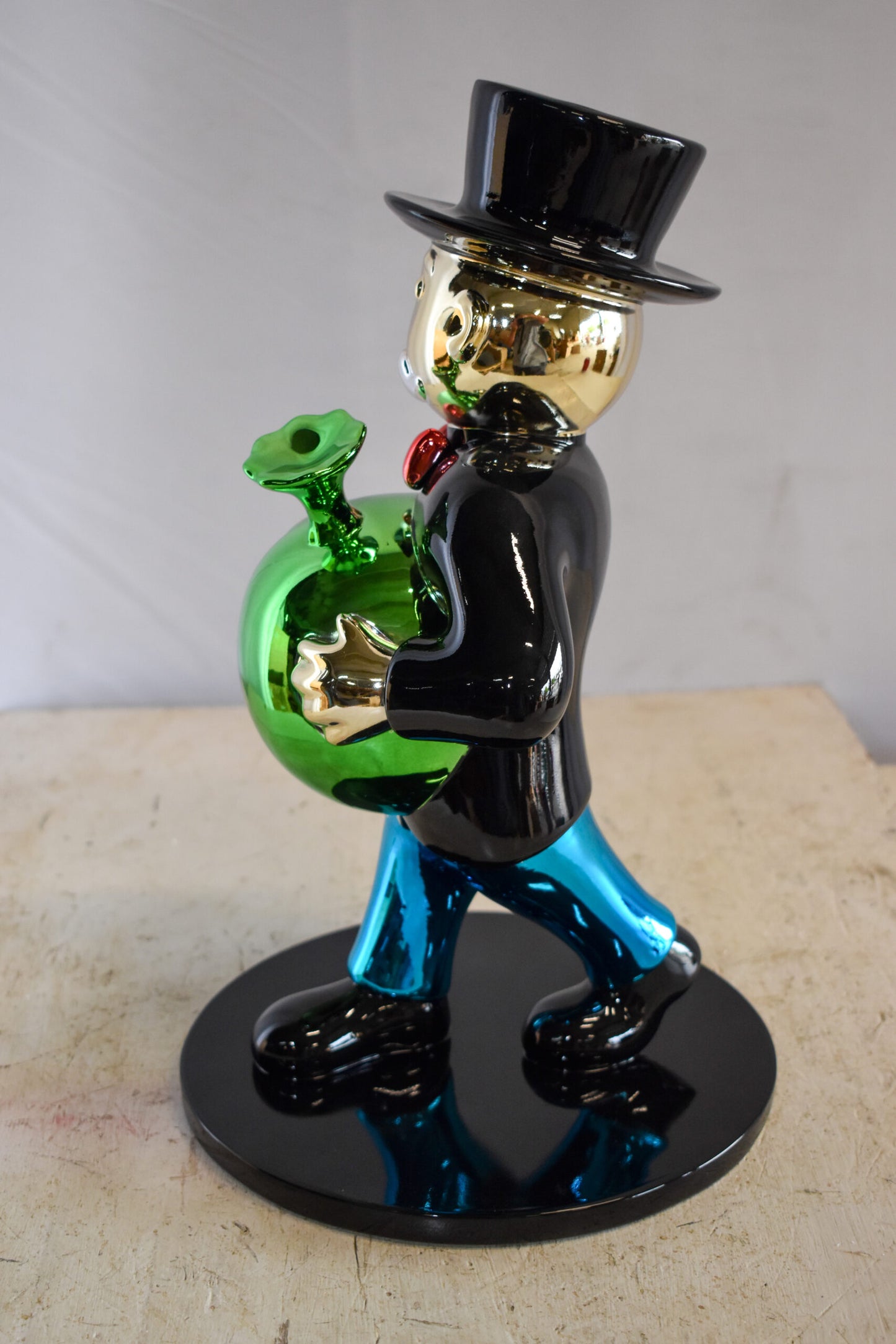 Walking Monopoly Man with Money Bag on Black Base Resin Statue 10" x 10" x 16"H