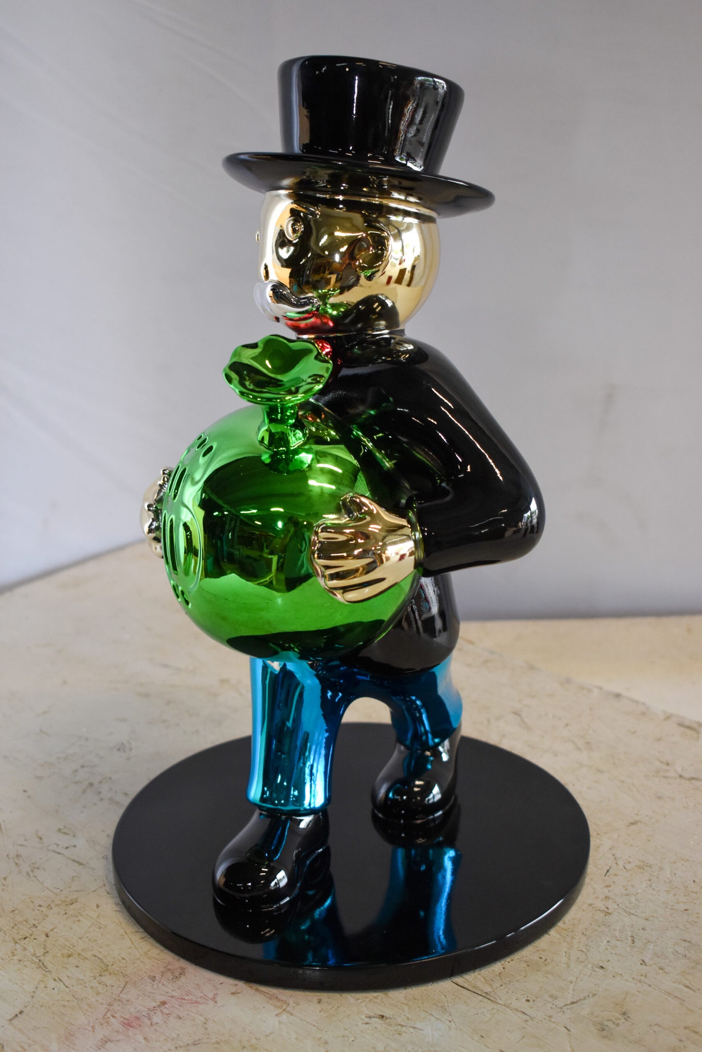 Walking Monopoly Man with Money Bag on Black Base Resin Statue 10" x 10" x 16"H