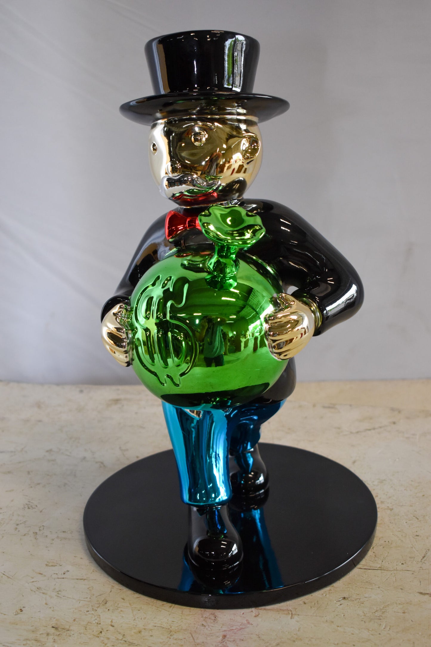 Walking Monopoly Man with Money Bag on Black Base Resin Statue 10" x 10" x 16"H