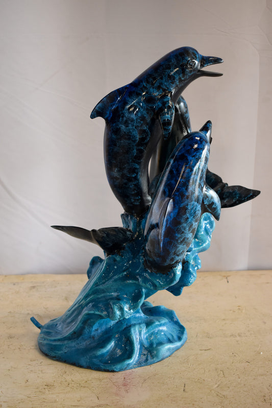 Pod of Dolphins Playfully On A Wave Resin Statue, Fountain 15" x 14" x 20"H