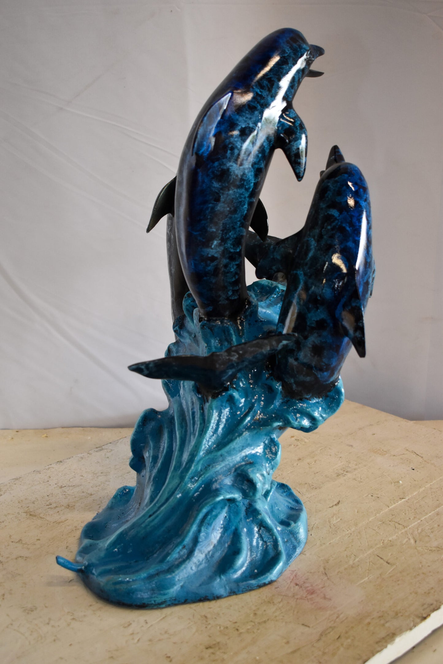 Pod of Dolphins Playfully On A Wave Resin Statue, Fountain 15" x 14" x 20"H