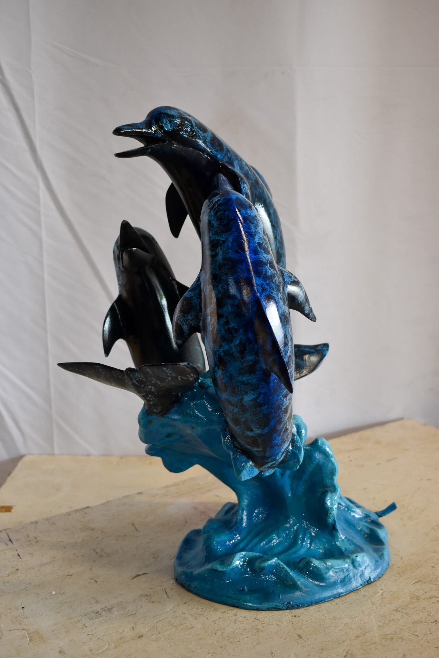 Pod of Dolphins Playfully On A Wave Resin Statue, Fountain 15" x 14" x 20"H