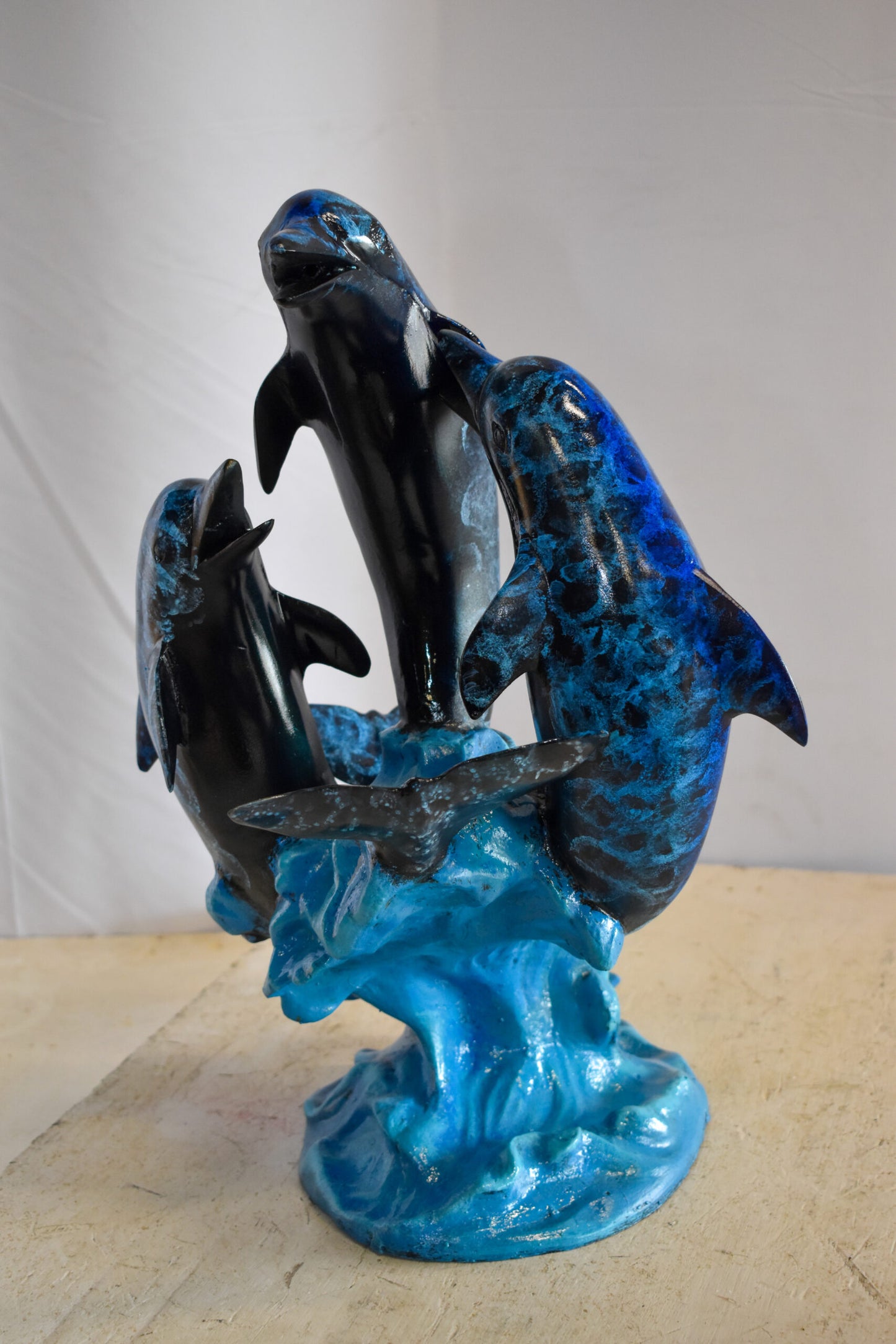 Pod of Dolphins Playfully On A Wave Resin Statue, Fountain 15" x 14" x 20"H