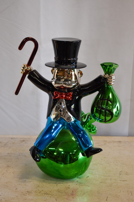 Joyous Monopoly Man Sitting on Money Bag Resin Statue 12" x 10" x 16"H