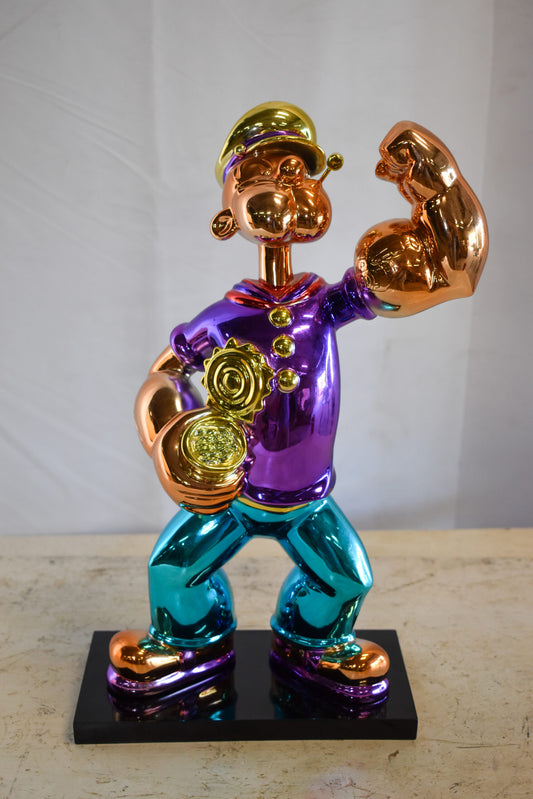 Chrome Popeye Cartoon in Purple Shirt on Black Base Resin Statue 9" x 8" x 16"H