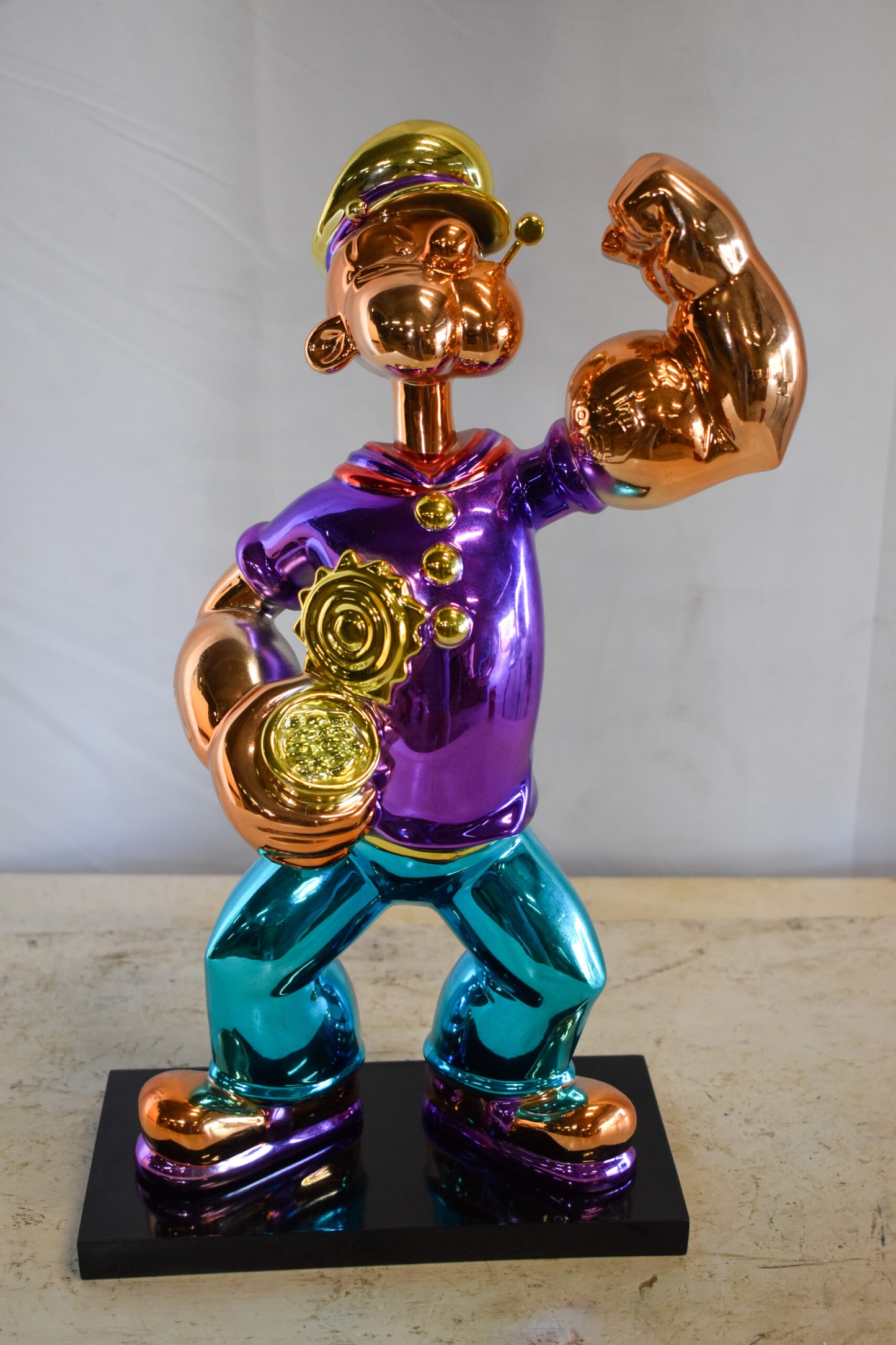 Chrome Popeye Cartoon in Purple Shirt on Black Base Resin Statue 9" x 8" x 16"H