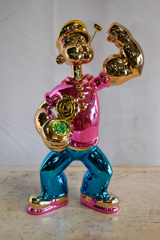 Colorful Chrome Popeye Cartoon in Pink Shirt Statue 12" x 8" x 18"H