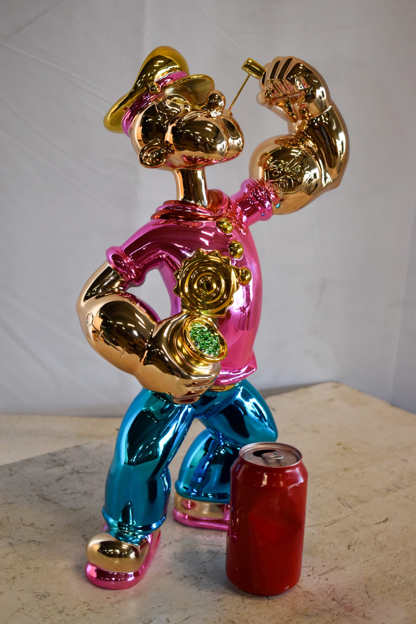 Colorful Chrome Popeye Cartoon in Pink Shirt Statue 12" x 8" x 18"H
