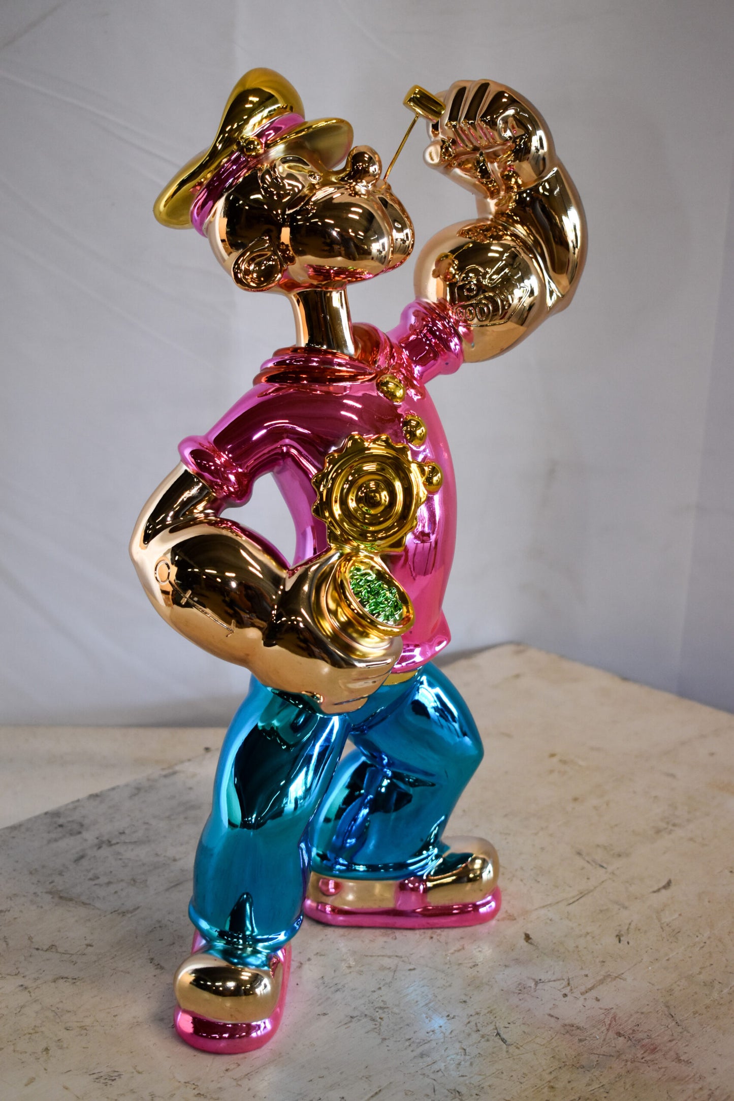 Colorful Chrome Popeye Cartoon in Pink Shirt Statue 12" x 8" x 18"H